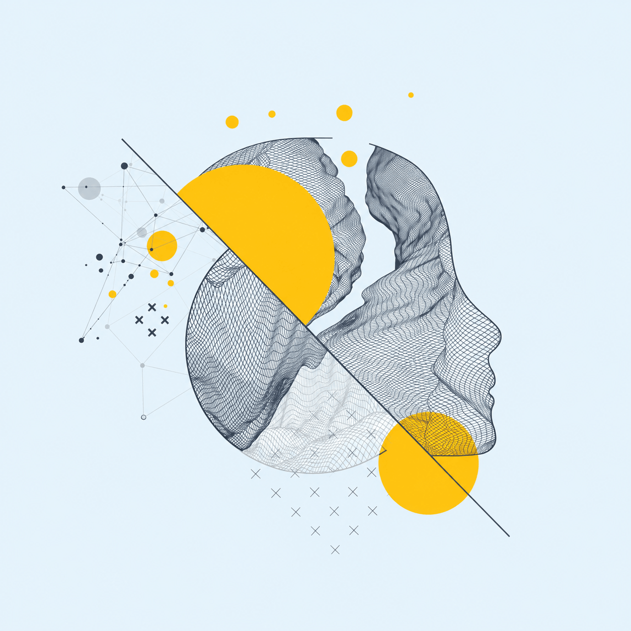 The AlmaChain artwork: a yellow circle enclosed by folds of dark wireframe mesh, with a network of connected points, cross marks and a diagonal line, on pale blue.